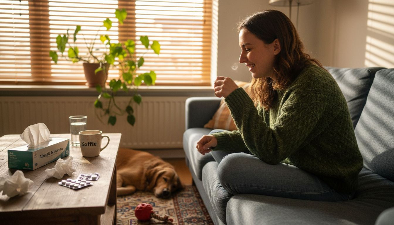 Een vrouw niest en snuit haar neus vanwege allergie.
