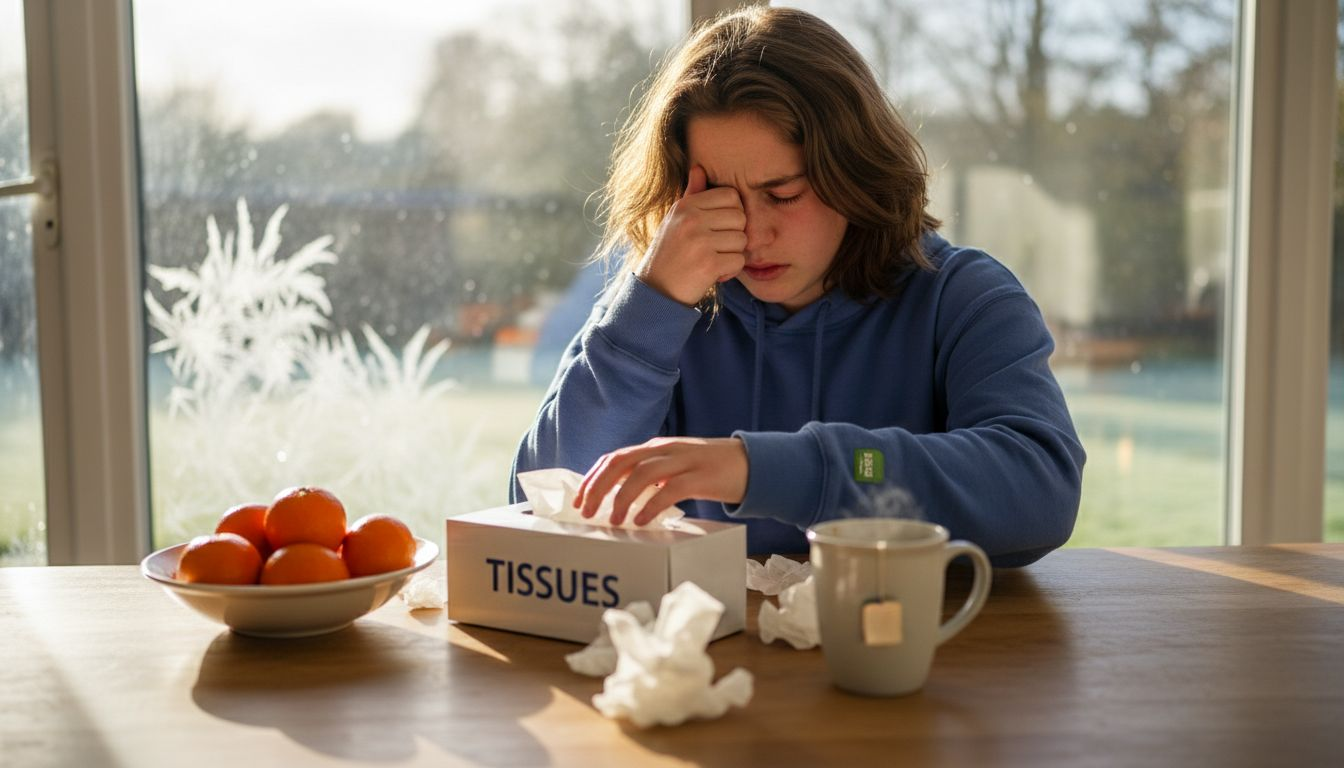 Een meisje wrijft in haar ogen terwijl ze naar een doos tissues reikt.