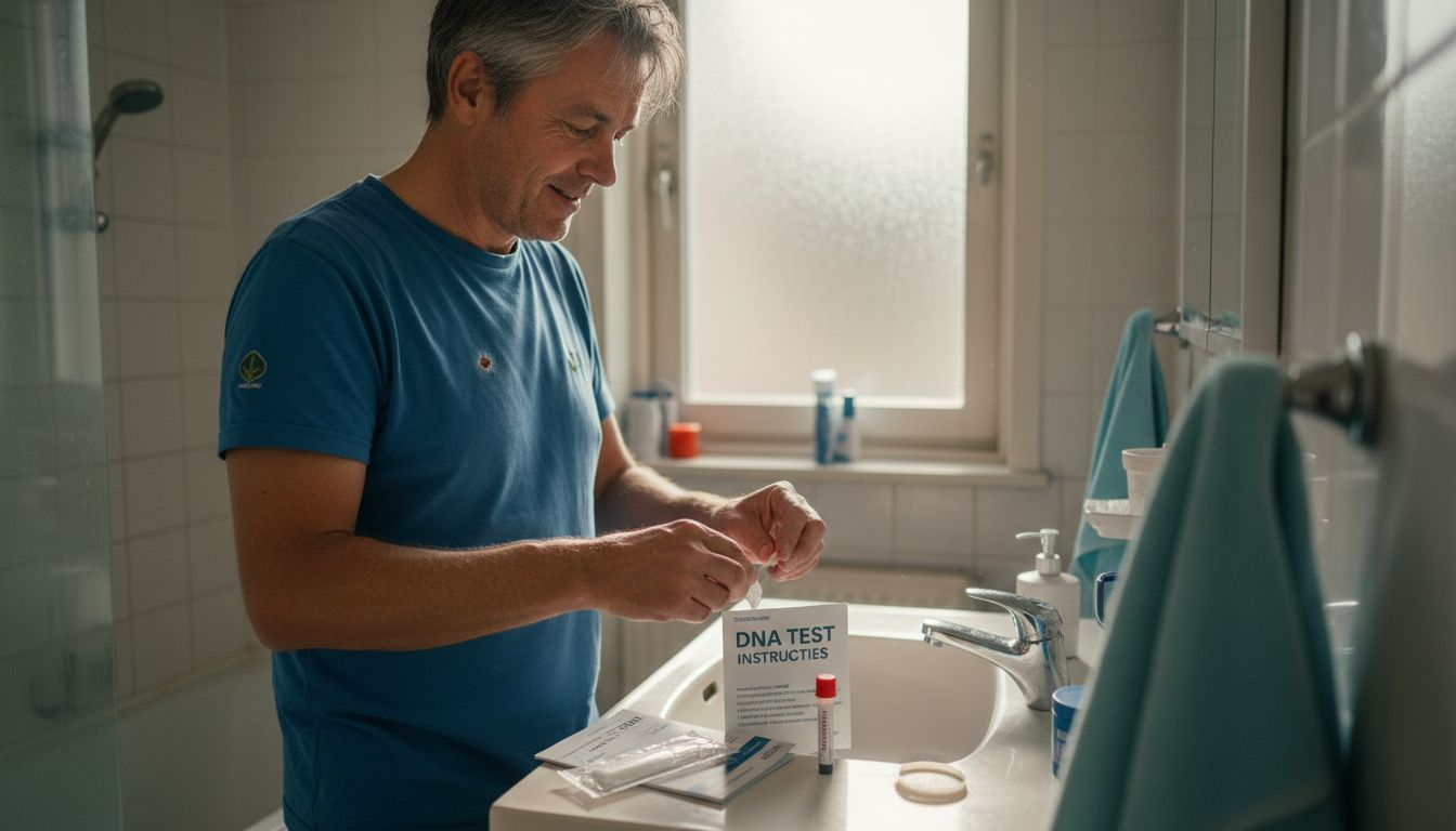 Een man spreidt een DNA-testkit uit op de wastafel in de badkamer.