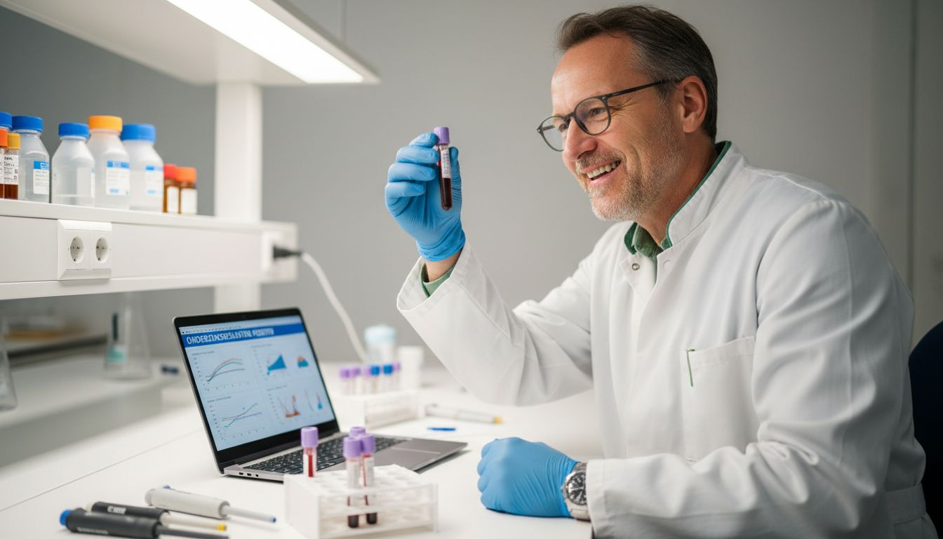 Een laboratoriummedewerker analyseert een buisje bloed voor een IgE-test.