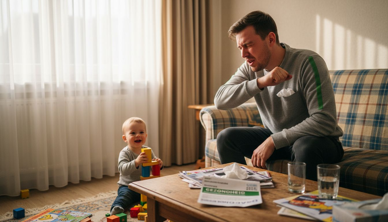 Een man zit thuis te niezen door zijn hooikoorts.