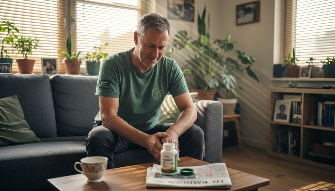 Man wrijft thuis zijn been in om de spierpijn te verlichten.