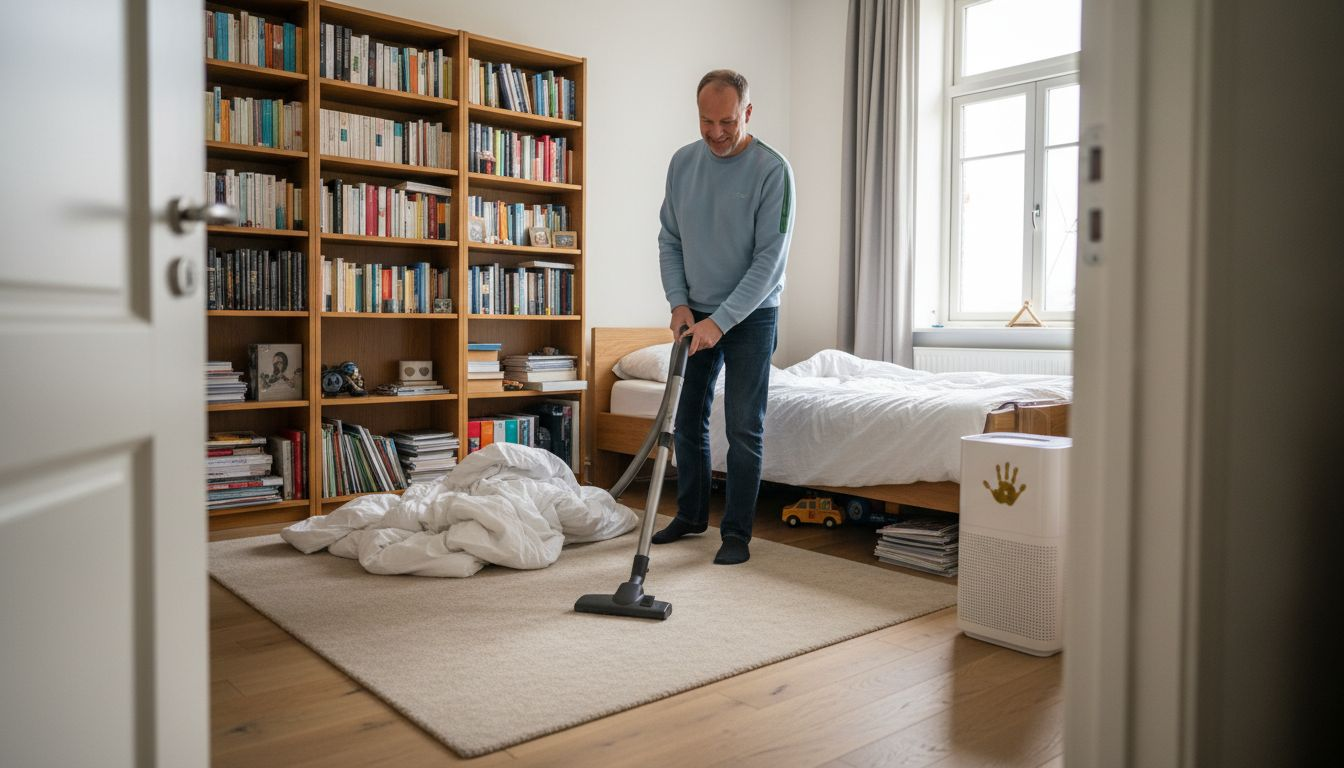 Man maakt slaapkamer grondig schoon om allergieklachten te voorkomen.