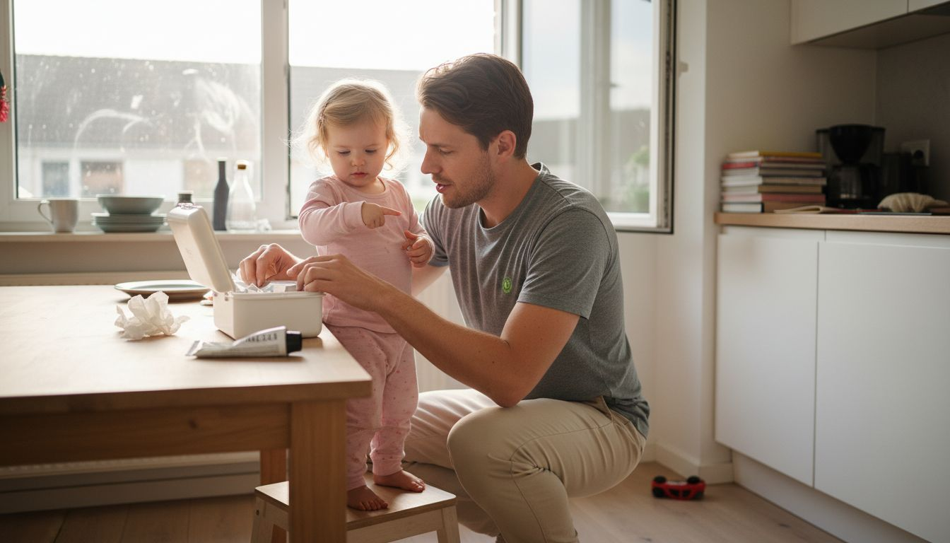 Vader haalt een pleister uit de EHBO-koffer om een schaafwondje te verzorgen.