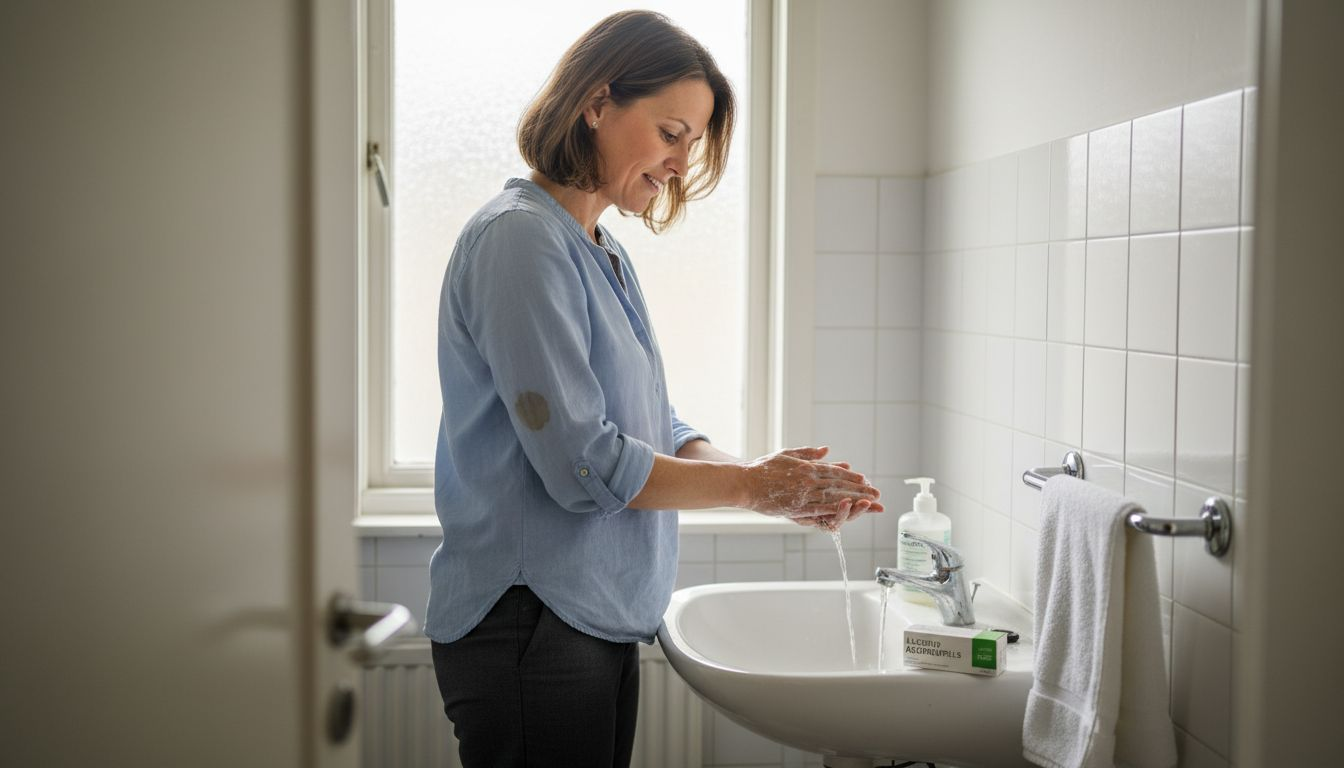 Een vrouw wast haar handen voordat ze oogdruppels gebruikt.