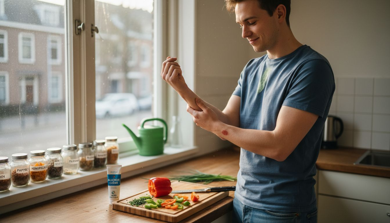 Man bekijkt huiduitslag in de keuken om te controleren of het een allergische reactie is.