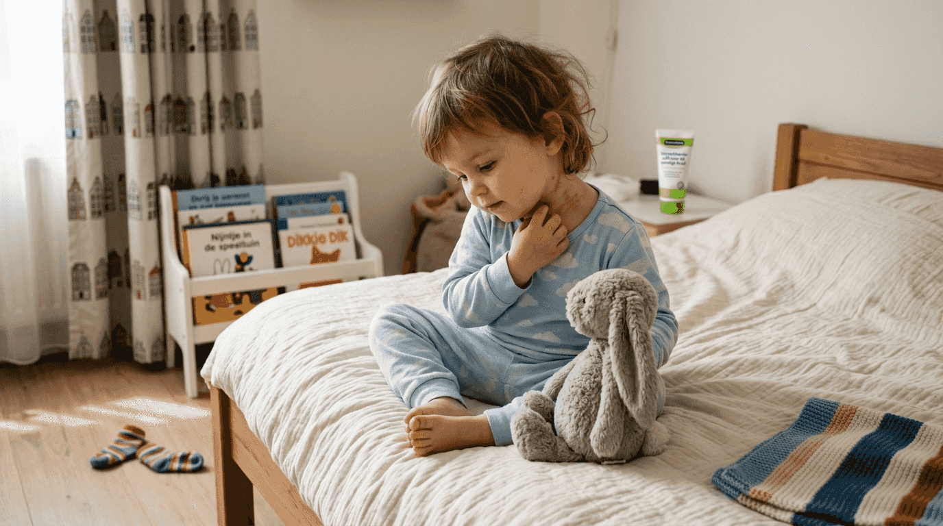 Peuter met huiduitslag door melkallergie ligt in zijn slaapkamer