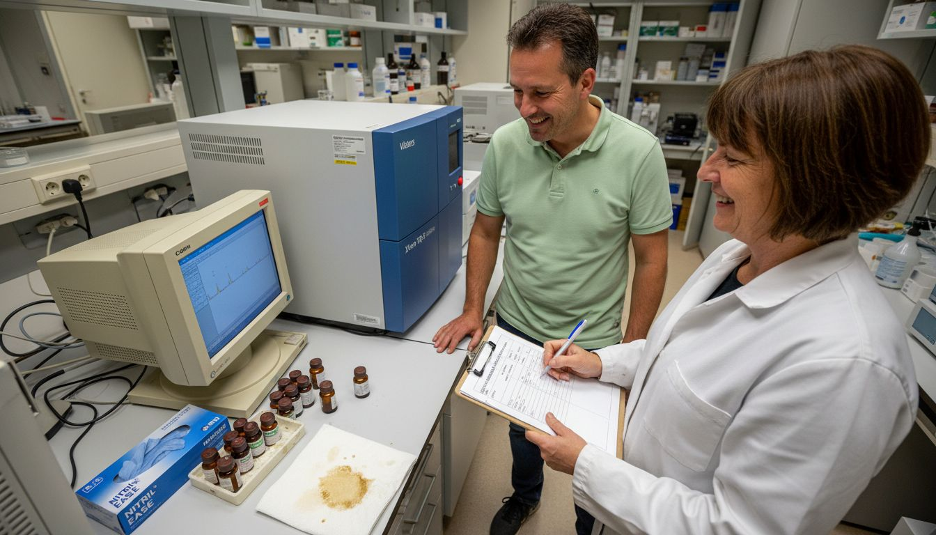 Laboratoriummedewerkers aan het werk met LC-MS/MS analyseapparatuur