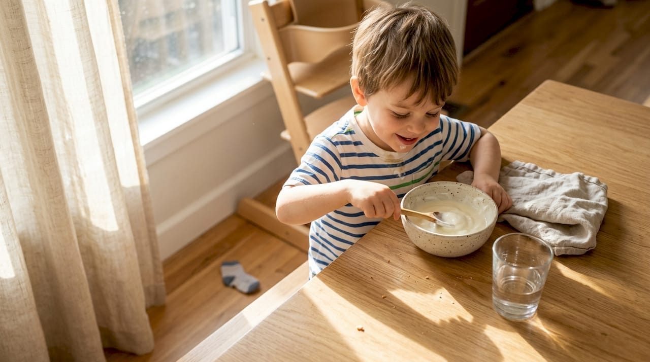 Een kind zit aan de eettafel en geniet van een bakje yoghurt terwijl de zon naar binnen schijnt.