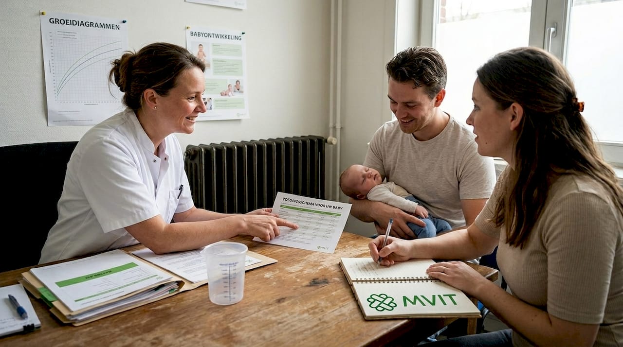 Tijdens het consult op het consultatiebureau bespreekt de arts samen met de ouders welke voeding het beste is voor hun baby.
