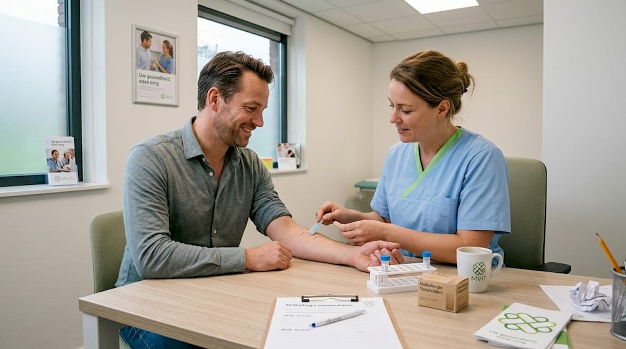Een verpleegkundige prikt bloed voor een allergietest.