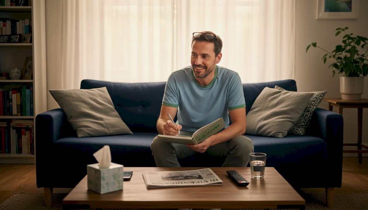 Man houdt thuis in de woonkamer zijn klachten bij in een dagboek.