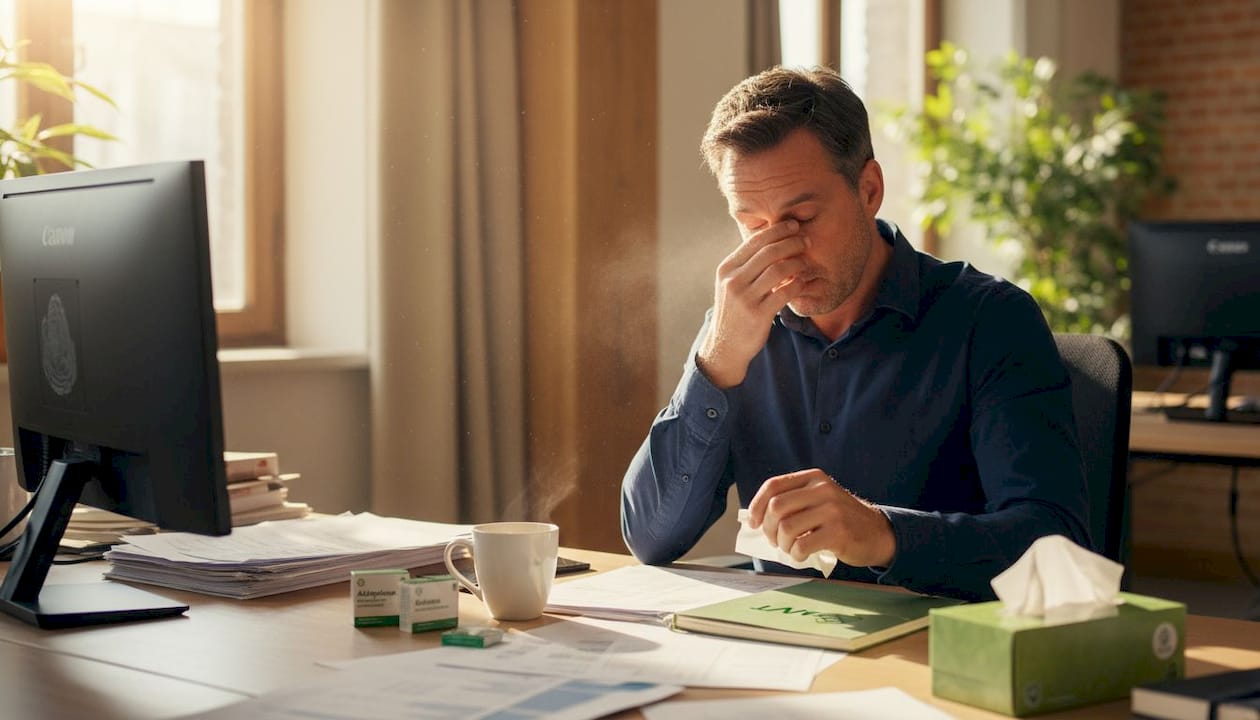 Man op kantoor worstelt met allergieklachten