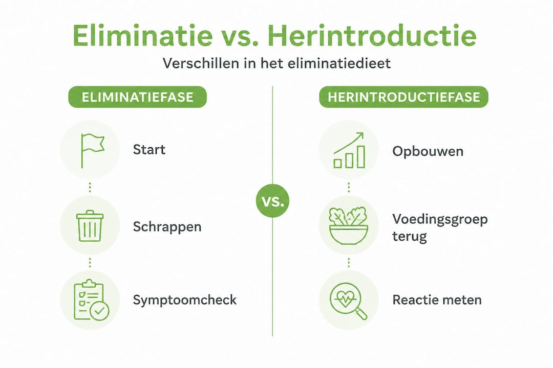 Infographic zet de stappen van de eliminatie- en herintroductiefase overzichtelijk naast elkaar