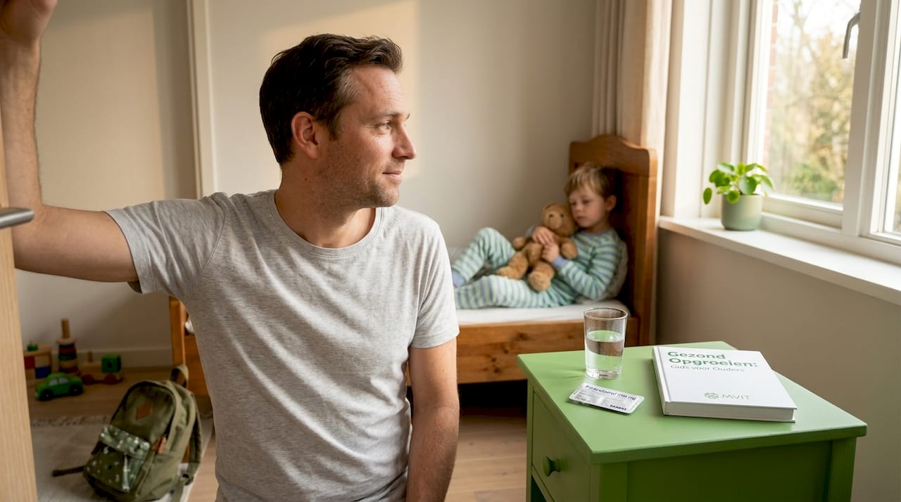 Een ouder kijkt toe hoe zijn kind met een knuffel in bed ligt.