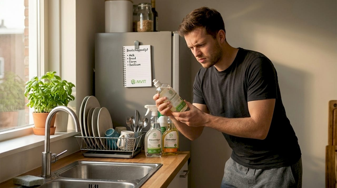 Man bekijkt het etiket van een schoonmaakmiddel in de keuken.