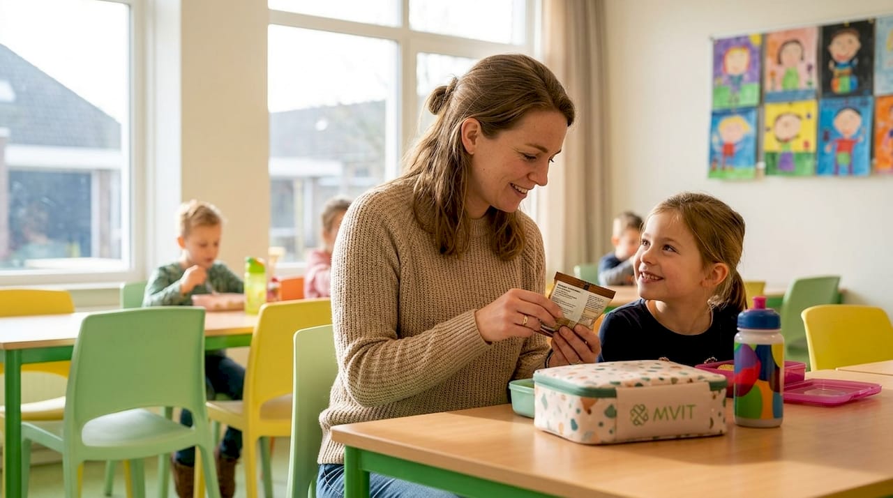 De leerkracht loopt tijdens de lunch even langs de tafels om te checken of er geen allergenen in het eten van de kinderen zitten.