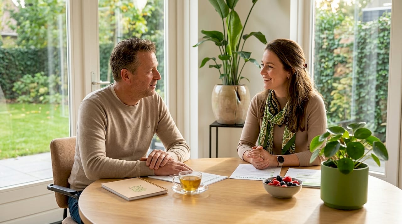 Samen met de diëtist kijkt de cliënt naar een passend voedingsadvies.