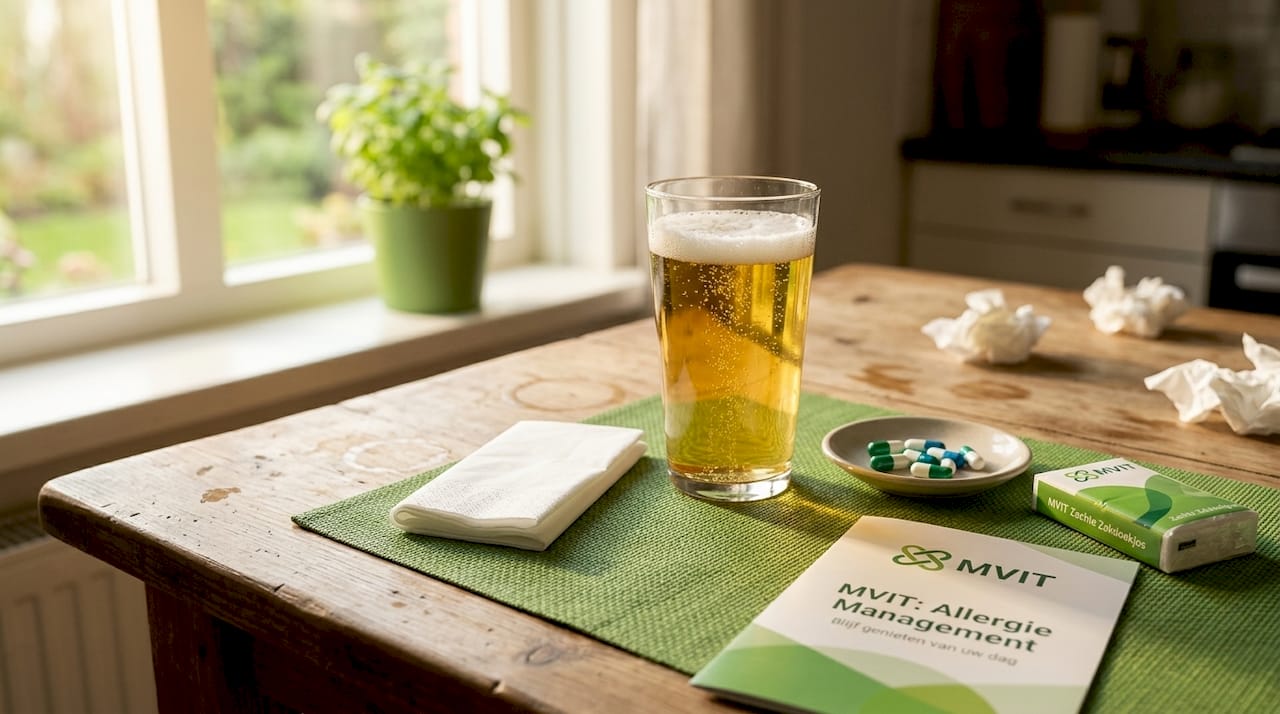 Een glas bier naast een stripje allergietabletten op tafel.