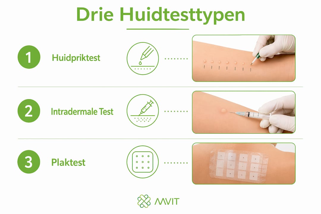 Overzichtelijke infographic met drie veelgebruikte huidtesten en een korte toelichting per test
