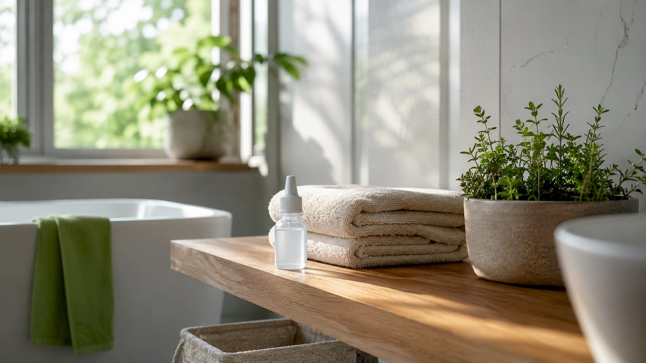 Detailopname van verzorgingsproducten tegen allergie voor de ogen op de plank in de badkamer.