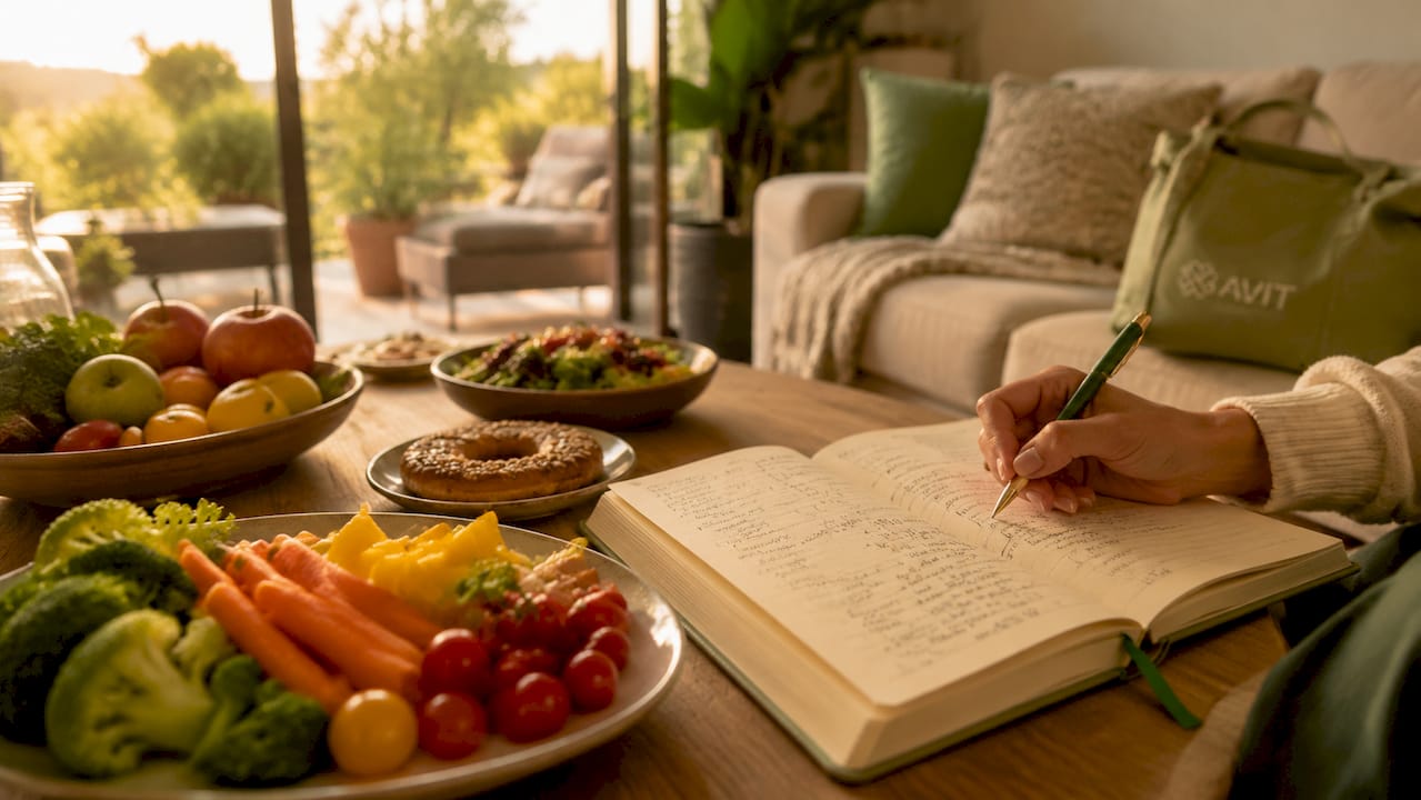Een close-up van een voedingsdagboek met een gezonde maaltijdplanning, perfect voor wie bewust met eten bezig is.