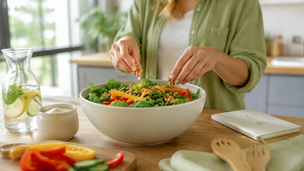 Met de handen wordt een gezonde salade klaargemaakt, boordevol omega-3 en probiotica.