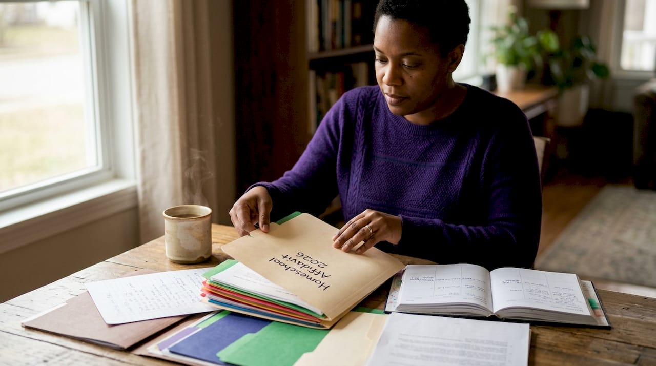 Hands organizing homeschool affidavit documents