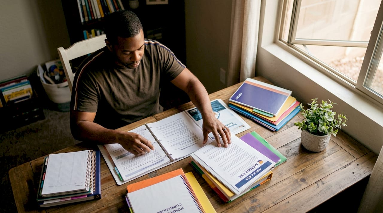 Hands organizing homeschooling and ESA materials