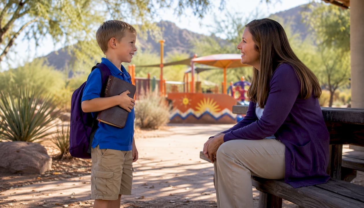 Student greeted by teacher at faith school entrance