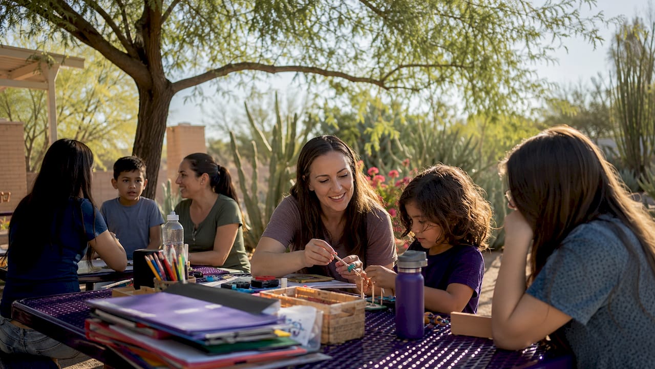Parents and children learning at homeschool resource center