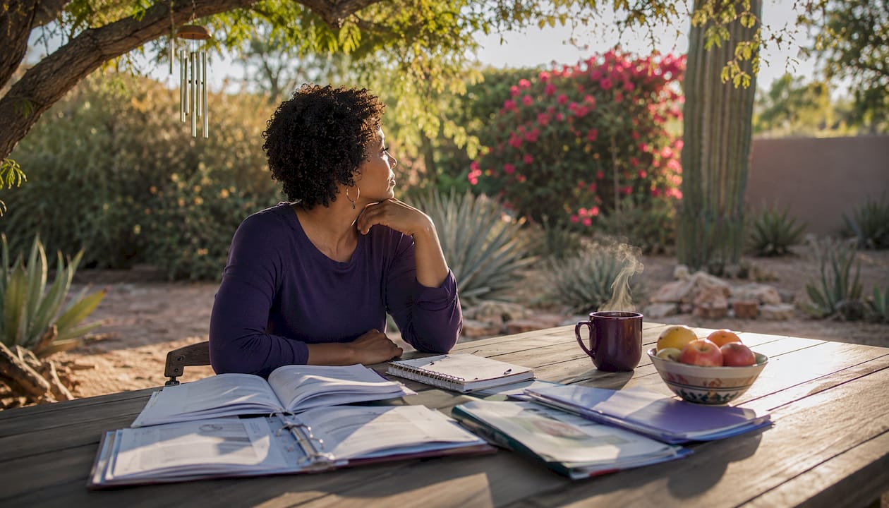 Parent reviewing hybrid school learning schedule at desk