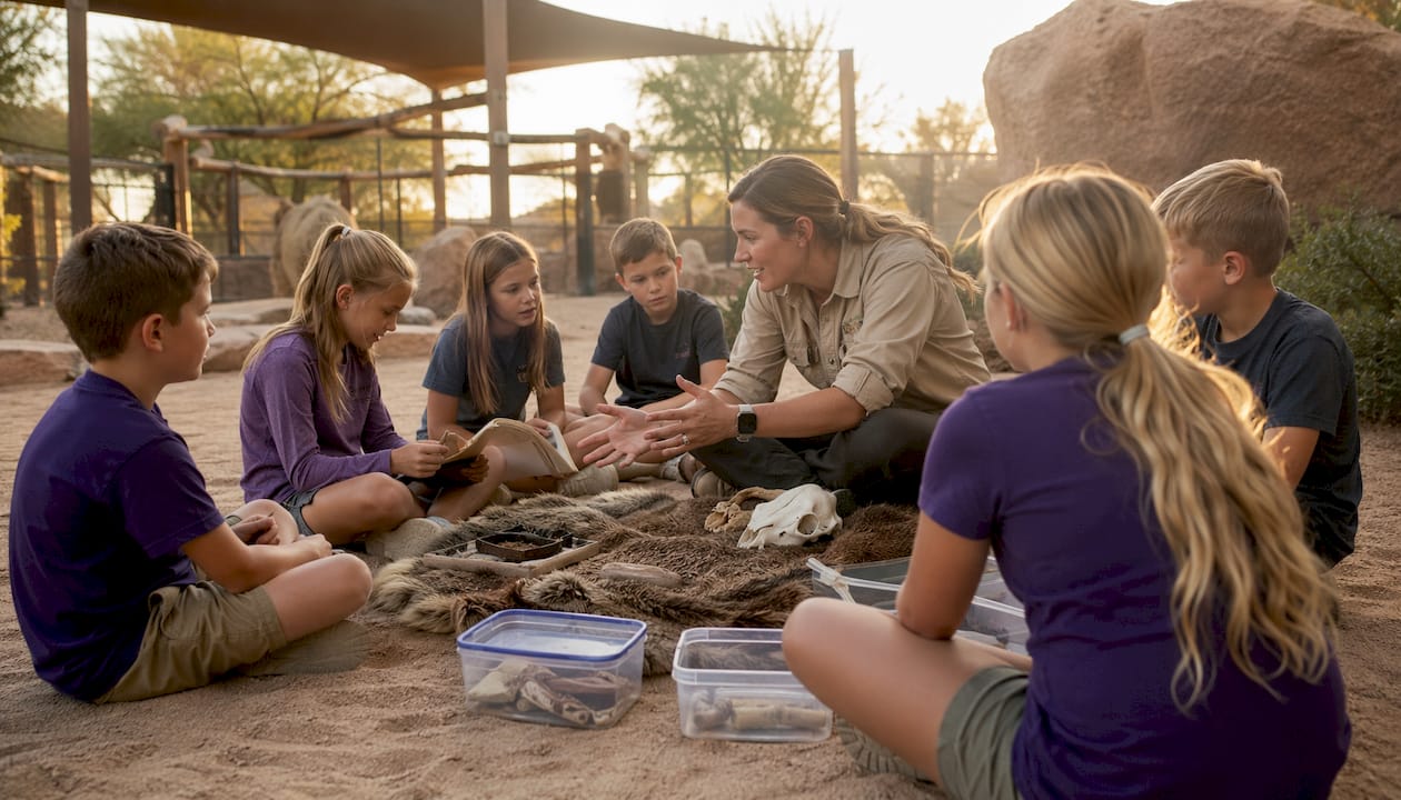 Children engaged in interactive zoo learning activity
