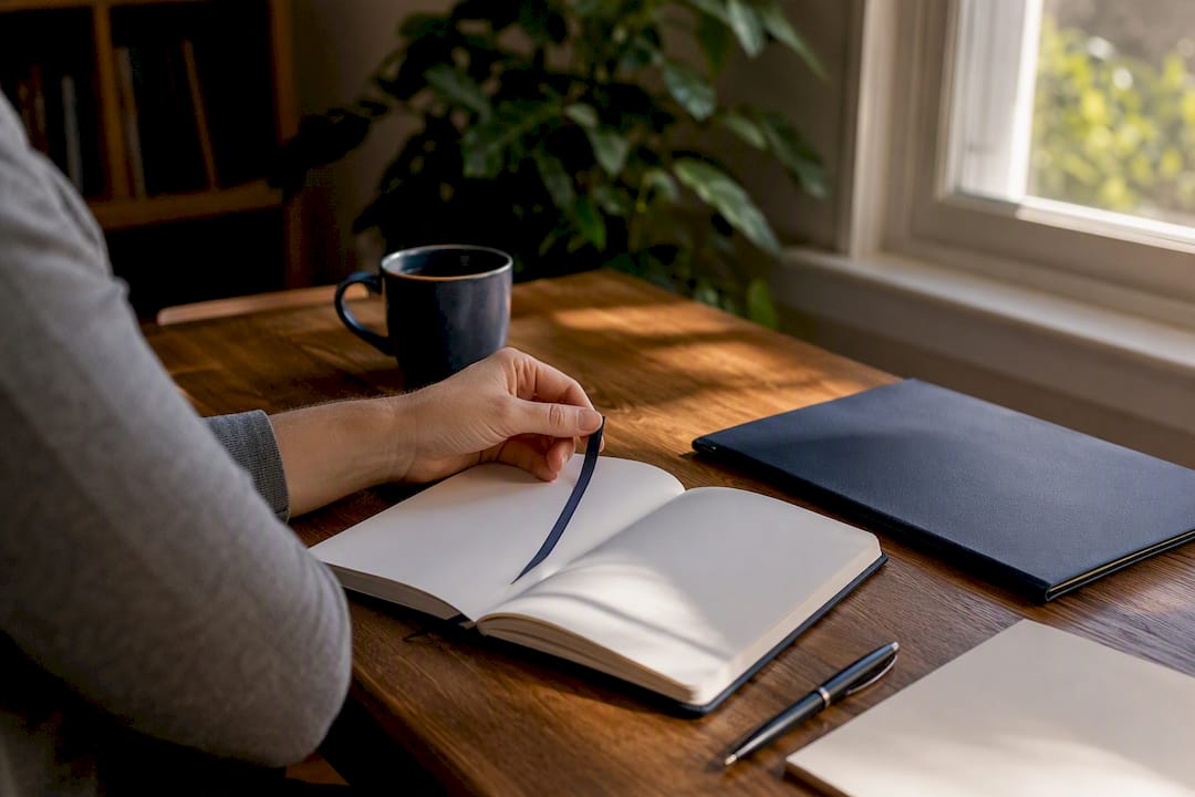 Hand placing bookmark in continuing education booklet