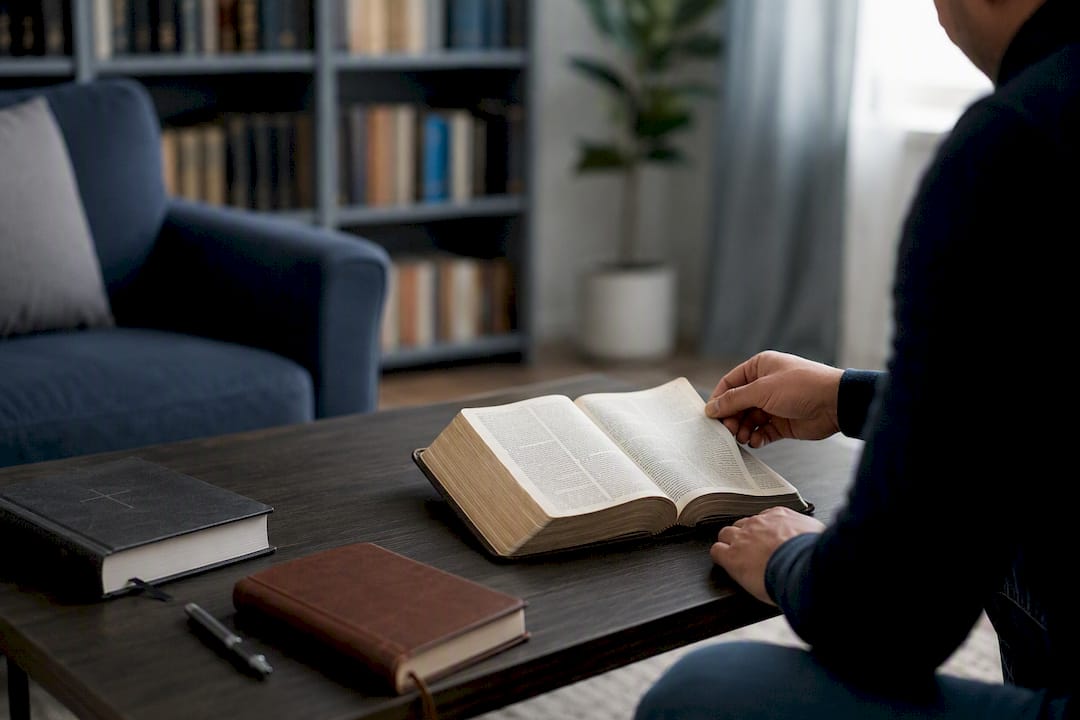 Hand turning pages of Bible with study materials