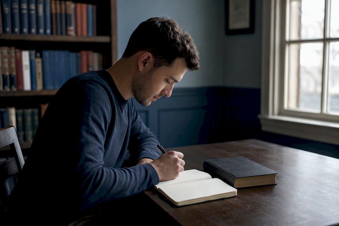 Theology student writing notes in chapel study