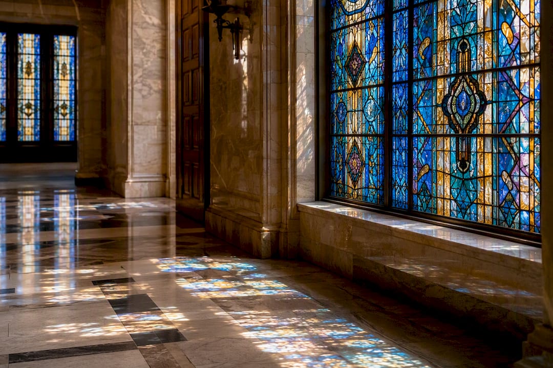 Stained-glass window in NYC synagogue interior