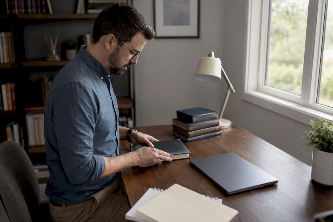 Pastor preparing online study materials