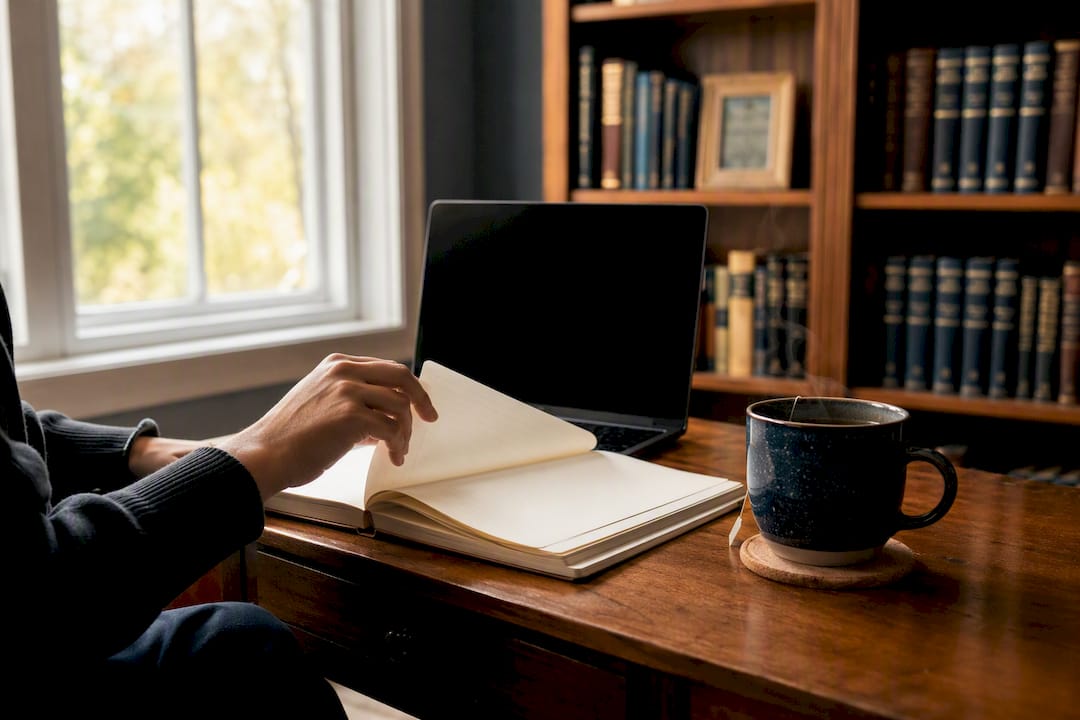 Desk with laptop and academic research setup