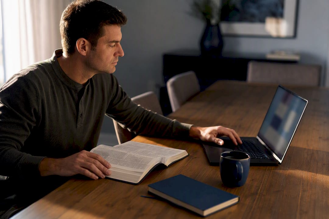 Adult studying an online Bible certificate