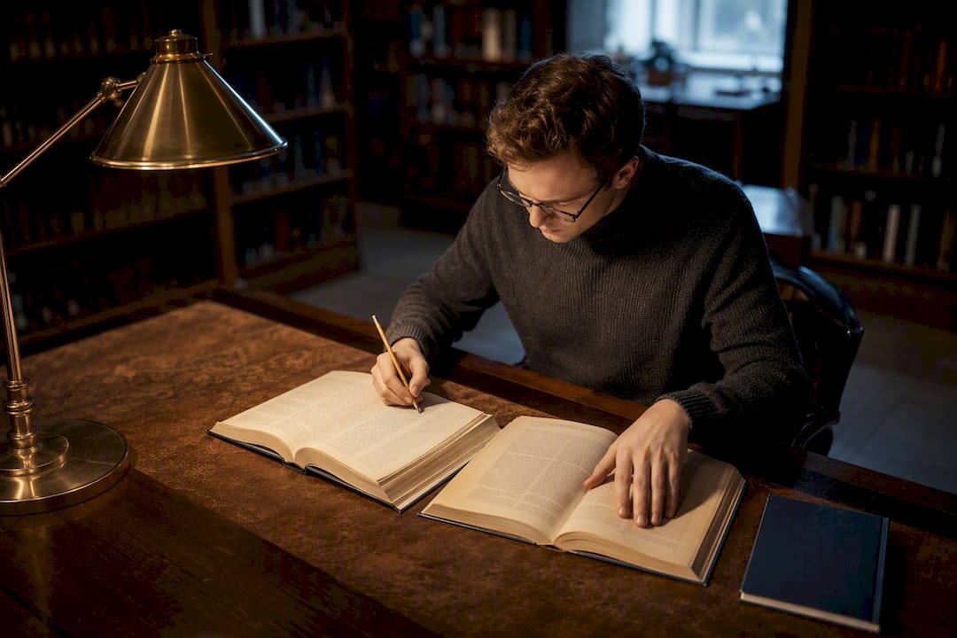 Theology student researching at seminary library table