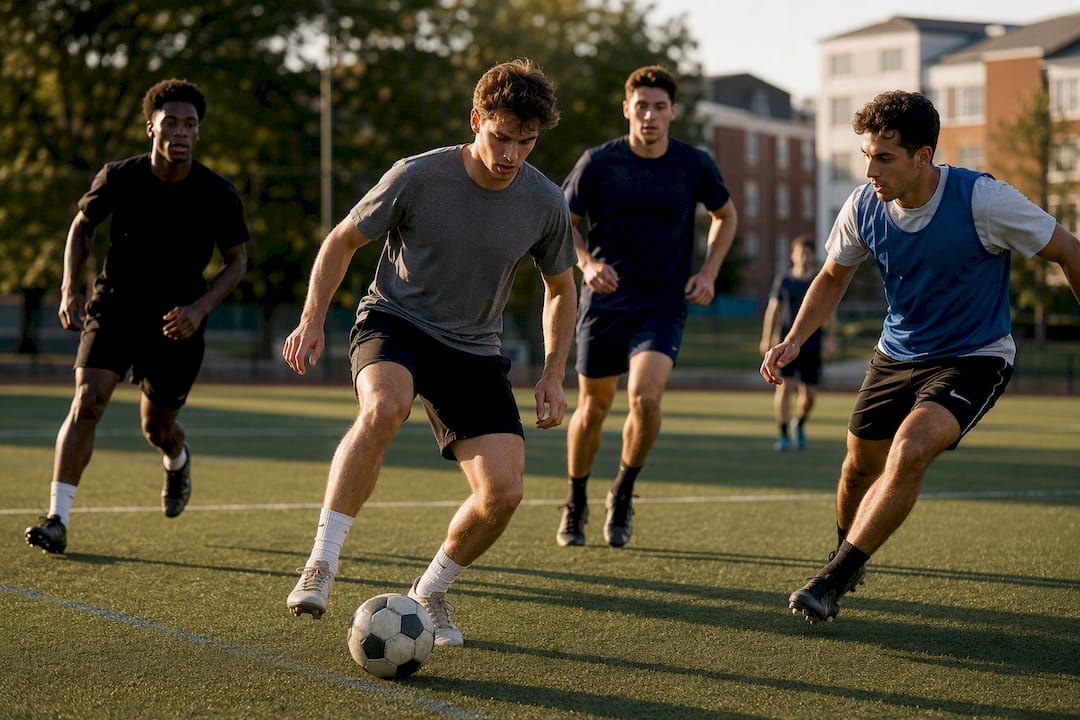 Students playing intramural soccer on campus