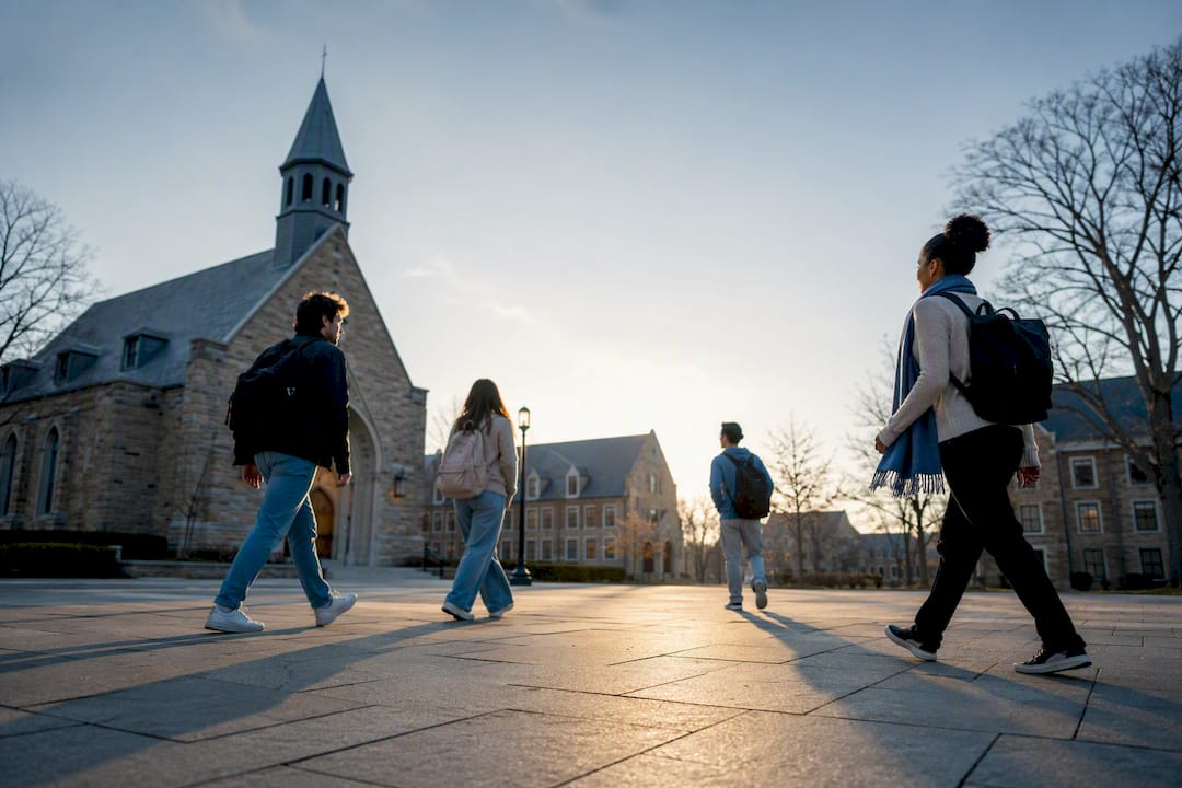 Students crossing a small Christian college quad