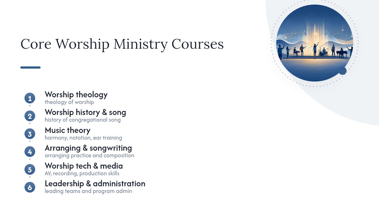 Six worship ministry coursework areas