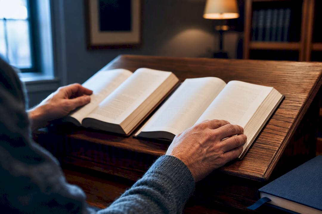 Student comparing biblical studies and theology books