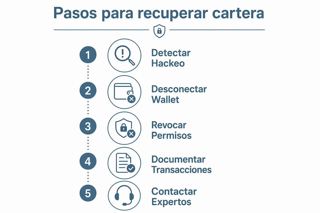 Infografía con los pasos clave para recuperar una billetera de criptomonedas tras un hackeo