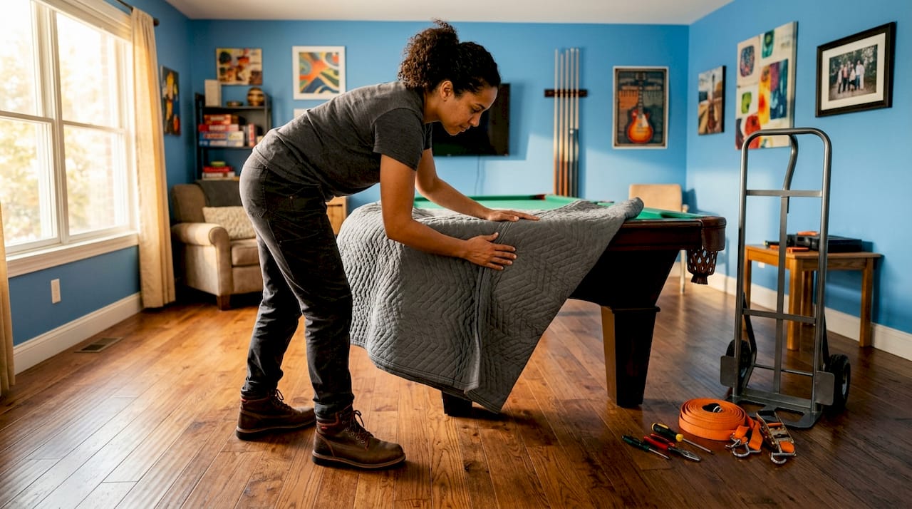 Hands preparing pool table with protective blankets and tools