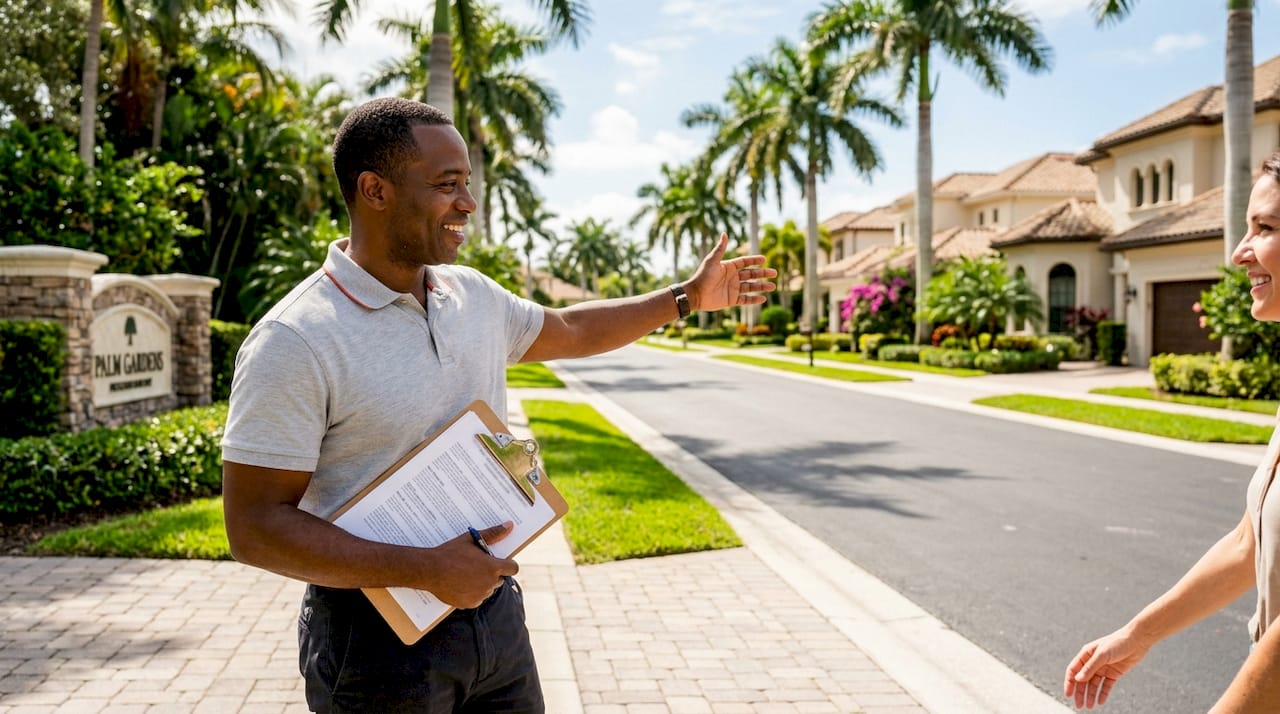 Realtor explaining Naples housing costs outdoors