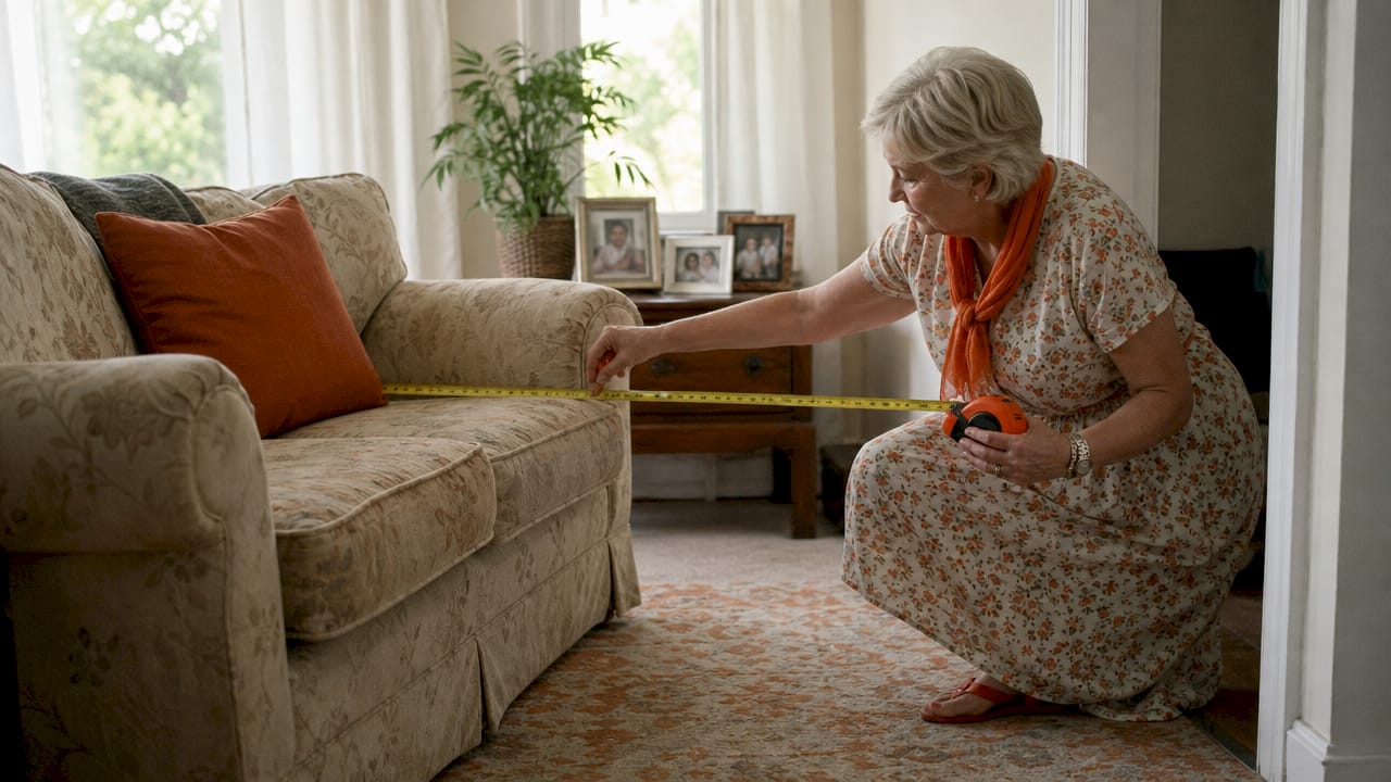 Close-up of tape measure on couch and doorway