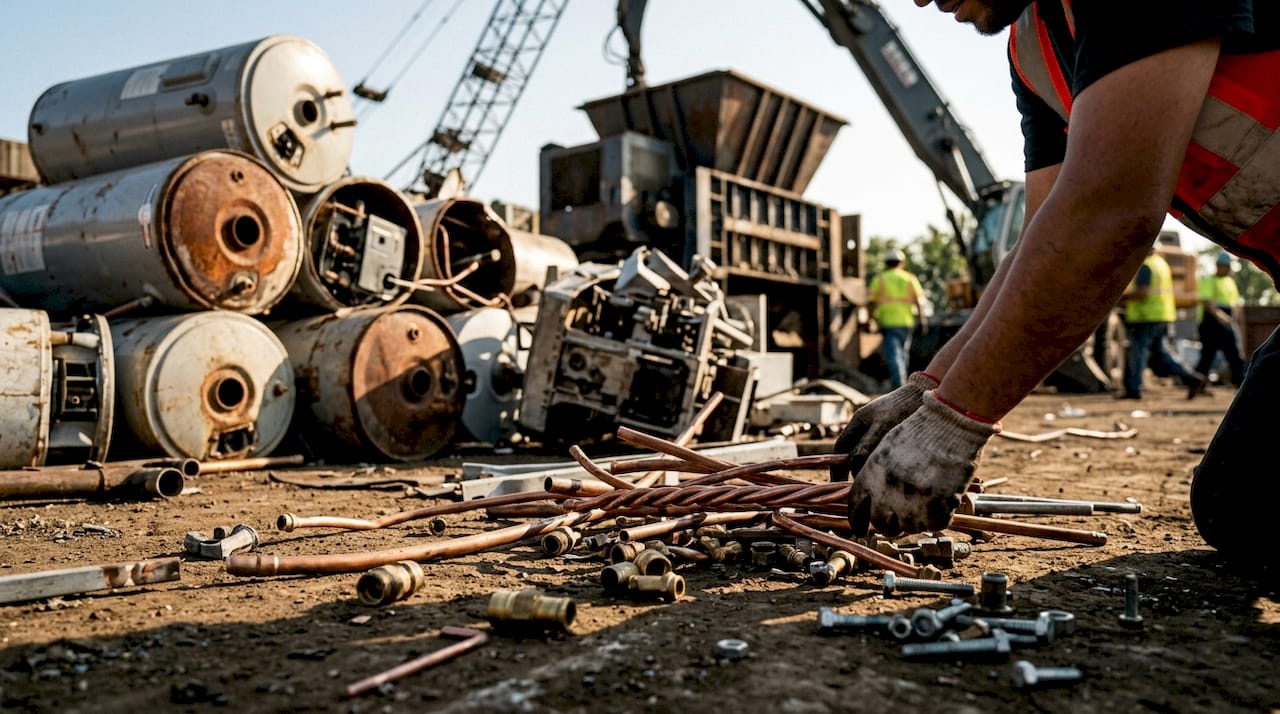 Scrap metal yard with dismantled hot water heaters